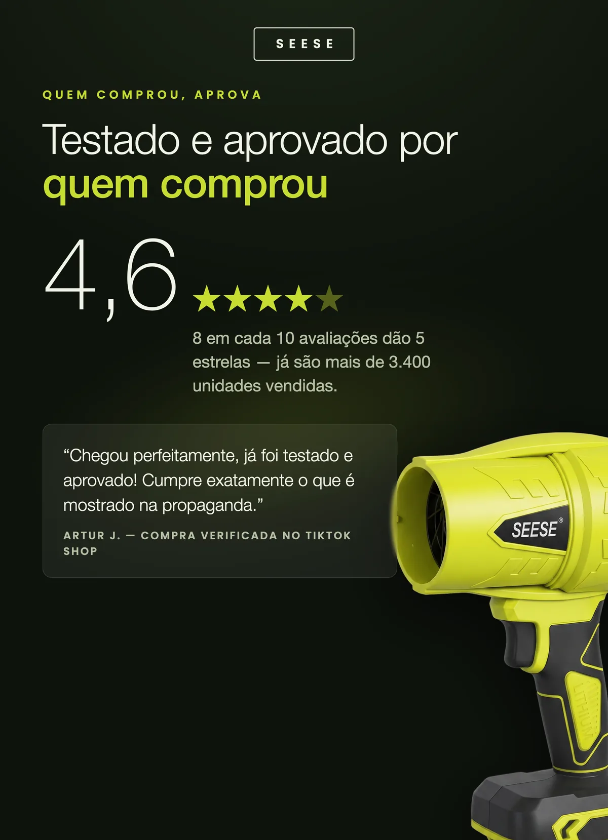 Nota 4,6 — depoimento real de cliente com foto real